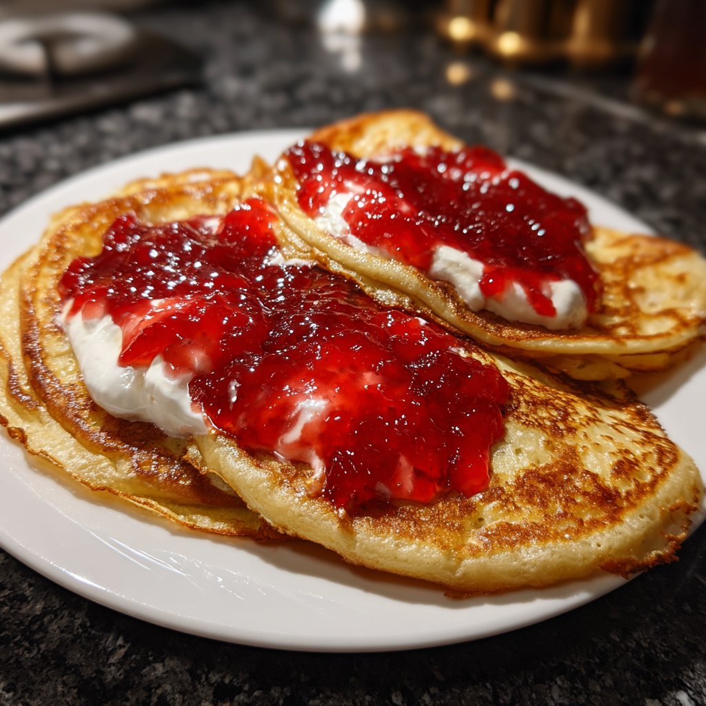 Pfannkuchen mit Marmelade und Quark
