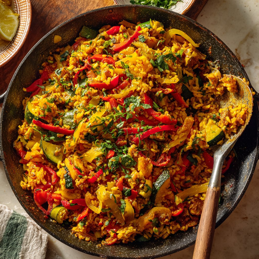 Paella mit Paprika und Zucchini